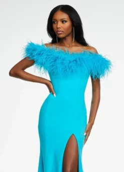 Ashley Lauren 11099 Feather Off Shoulder Scuba Gown -Outlet Prom Dresses Store S22 ASH 11099 05 508x705