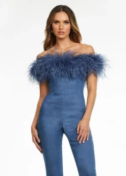 Ashley Lauren 11123 Feather Off Shoulder Denim Jumpsuit 8 Ashley Lauren 11123 Feather Off Shoulder Denim Jumpsuit -Outlet Prom Dresses Store S22 ASH 11123 03 508x705