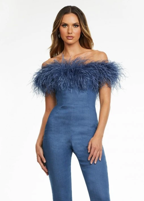 Ashley Lauren 11123 Feather Off Shoulder Denim Jumpsuit 5 Ashley Lauren 11123 Feather Off Shoulder Denim Jumpsuit - Image 3