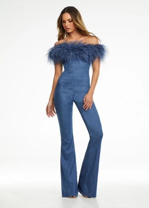 Ashley Lauren 11123 Feather Off Shoulder Denim Jumpsuit 6 Ashley Lauren 11123 Feather Off Shoulder Denim Jumpsuit - Image 4