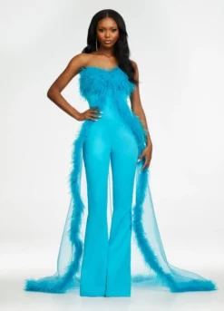 Ashley Lauren 11133 Feather Jumpsuit With Sheer Overskirt 9 Ashley Lauren 11133 Feather Jumpsuit With Sheer Overskirt -Outlet Prom Dresses Store S22 ASH 11133 03 508x705