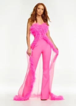 Ashley Lauren 11133 Feather Jumpsuit With Sheer Overskirt 11 Ashley Lauren 11133 Feather Jumpsuit With Sheer Overskirt -Outlet Prom Dresses Store S22 ASH 11133 05 508x705