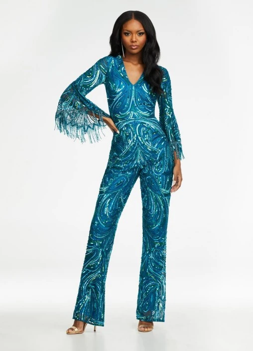 Ashley Lauren 11181 Fringe Bell Sleeve Beaded Jumpsuit 5 Ashley Lauren 11181 Fringe Bell Sleeve Beaded Jumpsuit - Image 3