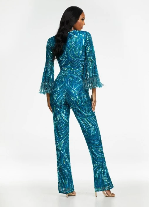Ashley Lauren 11181 Fringe Bell Sleeve Beaded Jumpsuit 6 Ashley Lauren 11181 Fringe Bell Sleeve Beaded Jumpsuit - Image 4