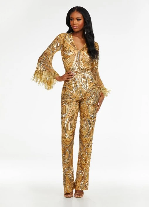 Ashley Lauren 11181 Fringe Bell Sleeve Beaded Jumpsuit 7 Ashley Lauren 11181 Fringe Bell Sleeve Beaded Jumpsuit - Image 5