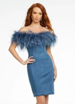 Ashley Lauren 4481 Feather Off Shoulder Short Denim Dress 7 Ashley Lauren 4481 Feather Off Shoulder Short Denim Dress -Outlet Prom Dresses Store S22 ASH 4481 03 508x705