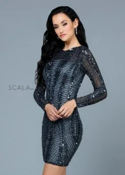 Scala Short Scala 60185 Long Sleeve Beaded Short Dress -Outlet Prom Dresses Store S22 SCL 60185 05 503x705