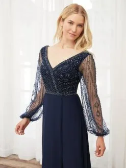 Adrianna Papell Platinum 40398 Sheer Long Sleeve Gown 7 Adrianna Papell Platinum 40398 Sheer Long Sleeve Gown -Outlet Prom Dresses Store S23 AP 40398 03 529x705