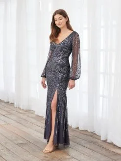 Adrianna Papell Platinum 40400 Sparkling Long Sleeve Gown -Outlet Prom Dresses Store S23 AP 40400 04 529x705