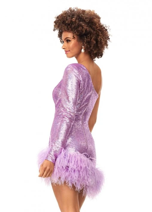 Ashley Lauren 4542 One Sleeve Sequin Feather Short Dress 4 Ashley Lauren 4542 One Sleeve Sequin Feather Short Dress - Image 2