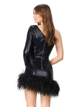 Ashley Lauren 4542 One Sleeve Sequin Feather Short Dress 10 Ashley Lauren 4542 One Sleeve Sequin Feather Short Dress -Outlet Prom Dresses Store S23 ASH 4542 04 508x705