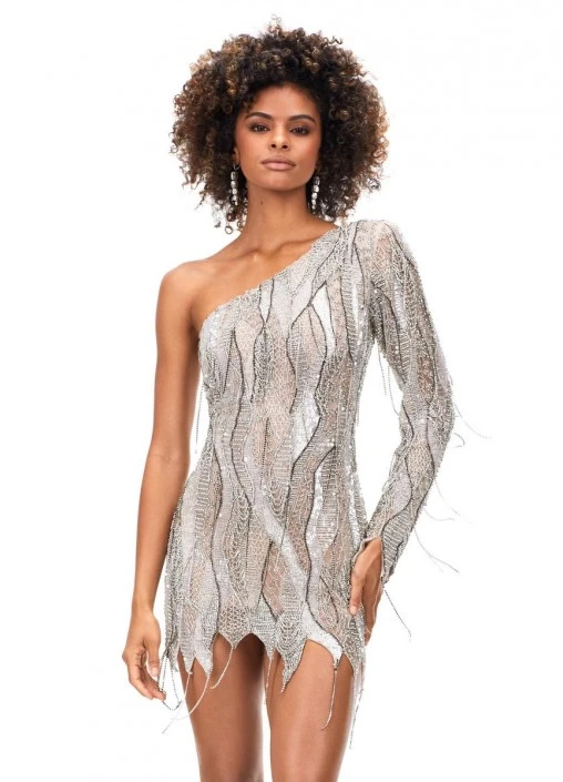 Ashley Lauren 4563 Beaded Fringe 1 Sleeve Cocktail Dress 5 Ashley Lauren 4563 Beaded Fringe 1 Sleeve Cocktail Dress - Image 3