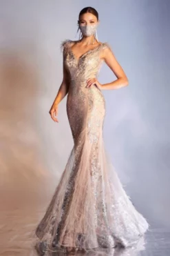 Ladivine Prom Ladivine C57 Stunning Feather Sequin Gown -Outlet Prom Dresses Store S23 CD C57 05 470x705