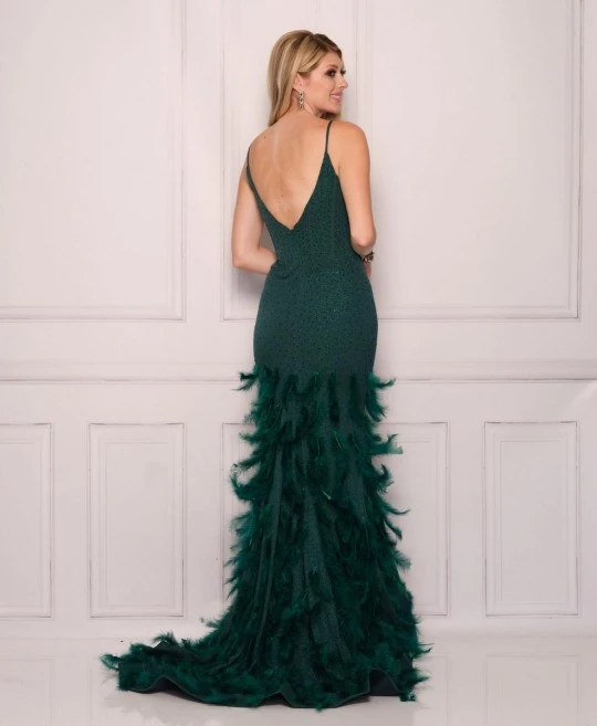 Dave And Johnny 11069 Emerald Gown With Feathers 4 Dave And Johnny 11069 Emerald Gown With Feathers - Image 2