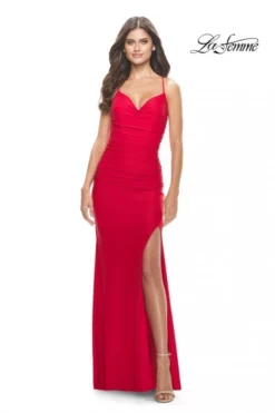 La Femme 31572 Ruched High Slit Prom Dress 9 La Femme 31572 Ruched High Slit Prom Dress -Outlet Prom Dresses Store S23 LF 31572 03 470x705
