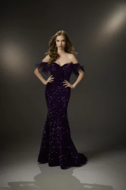 Morilee 48021 Sequin Velvet Gown With Feathers -Outlet Prom Dresses Store S23 ML 48021 03 470x705