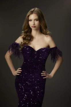 Morilee 48021 Sequin Velvet Gown With Feathers -Outlet Prom Dresses Store S23 ML 48021 05 470x705