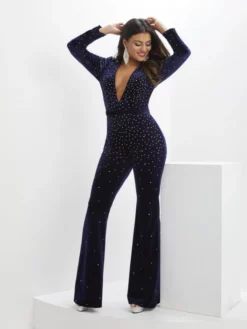 Panoply By House Of Wu Panoply 14125 Long Sleeve Plunge V Velvet Jumpsuit -Outlet Prom Dresses Store S23 PNP 14125 03 529x705