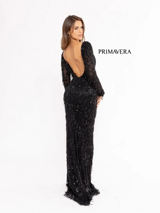 Primavera 3954 Fringe Beaded Long Sleeve Gown 6 Primavera 3954 Fringe Beaded Long Sleeve Gown - Image 4