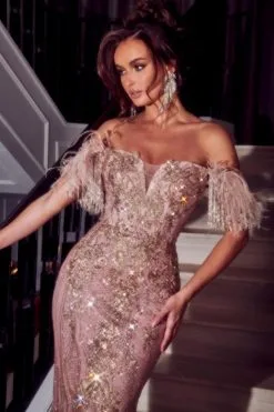 Portia & Scarlett Portia And Scarlett PS23306 Fringe Feather Off Shoulder Gown 7 Portia & Scarlett Portia And Scarlett PS23306 Fringe Feather Off Shoulder Gown -Outlet Prom Dresses Store S23 PS PS23306 03 470x705